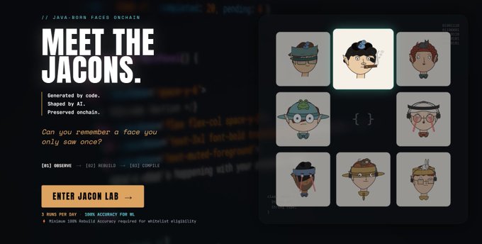 A digital interface screenshot titled 'MEET THE JACONS' featuring a grid of Java-Born Faces Onchain character avatars and an 'ENTER JACON LAB' button, referencing code compilation terminology.