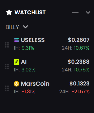 A "Watchlist" titled "BILLY" displays three cryptocurrency tickers: $USELESS at $0.2607 (+9.31% 1H, +10.67% 24H), $AI at $0.2388 (+3.02% 1H, +10.75% 24H), and MarsCoin at $0.1323 (-1.31% 1H, -21.57% 24H), illustrating the post's claim that each major chain has a breakout runner while Base "is still missing theirs."