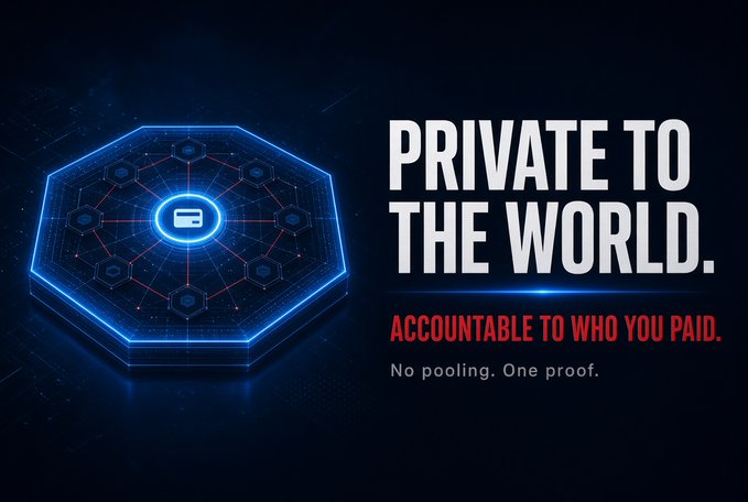 A digital graphic with a glowing blue hexagonal network design and the text 'PRIVATE TO THE WORLD.' along with 'ACCOUNTABLE TO WHO YOU PAID.' and 'No pooling. One proof.'