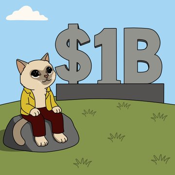 A cartoon cat wearing a yellow hoodie sits on a rock beside giant "$1B" letters in a grassy field, symbolizing $CASHCAT's ambitious journey from humble beginnings to a billion-dollar destiny as described in the meme's visionary narrative.