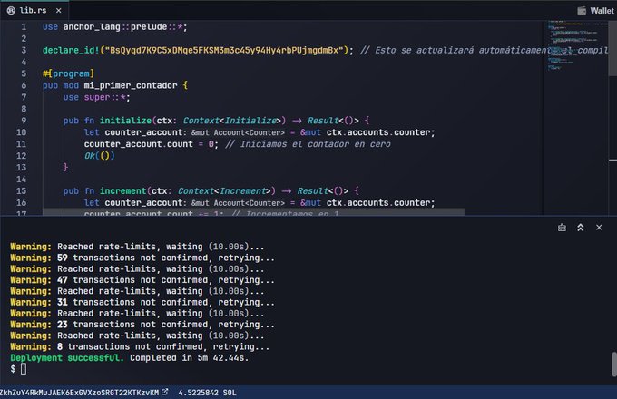 A code editor displaying a Rust-based Solana smart contract ('lib.rs') with a counter program, showing deployment logs with warnings about rate-limits and 'Deployment successful. Completed in 5m 42.44s.'