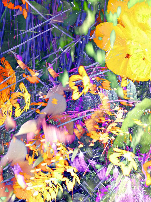 An artistic, impressionistic view of yellow and orange flowers in a garden, rendered with bold, textured brushstrokes in vibrant colors.