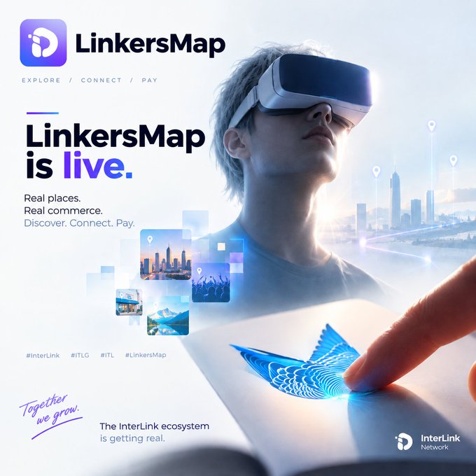 A promotional poster for 'LinkersMap is live.' by InterLink Network, featuring a young man wearing a VR headset alongside holographic UI elements, with the tagline 'Real places. Real commerce. Discover. Connect. Pay.' and hashtags #InterLink, #ITLG, #ITL, #LinkersMap.