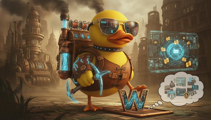 The image features a cartoon duck wearing sunglasses, goggles, and carrying a backpack with a machine gun attached to its back. The duck appears to be walking through an industrial city setting. In the background, there are buildings that seem to be part of a futuristic cityscape. A caption below the image reads "Your favorite dApp is likely leaving money on the table because they do not understand the power of AttentionFi". This suggests that the cartoon duck might have some sort of connection or influence over the app's financial success due to its unique appearance and surroundings, which could be a reflection of the app's own design choices.