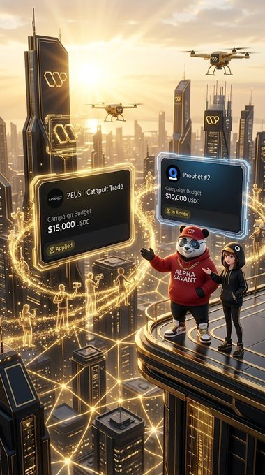 A futuristic cityscape featuring campaign budget interfaces for 'ZEUS | Catapult.Trade' ($15,000 USDC) and 'Prophet #2' ($10,000 USDC) alongside an 'ALPHA SAVANT' panda character.