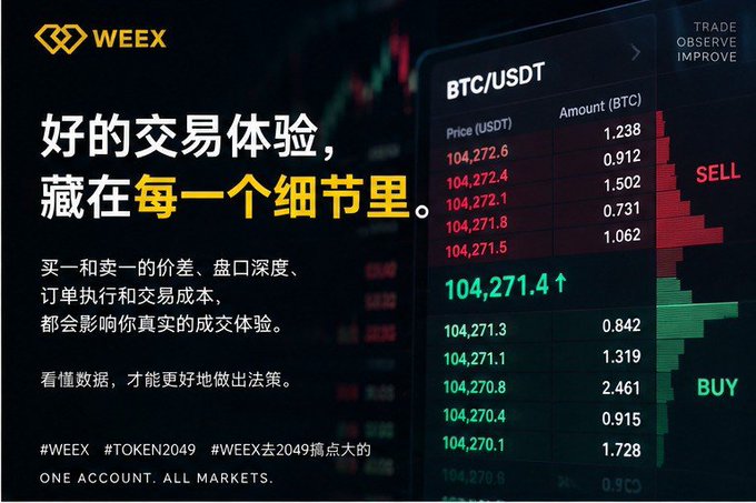 A WEEX cryptocurrency exchange advertisement highlighting BTC/USDT trading at 104,271.4 USDT, emphasizing that great trading experience lies in the details like bid-ask spreads, order book depth, and execution costs. The image supports the post by promoting a comprehensive trading platform that could simplify the user's multi-app routine of monitoring both crypto and US stocks.