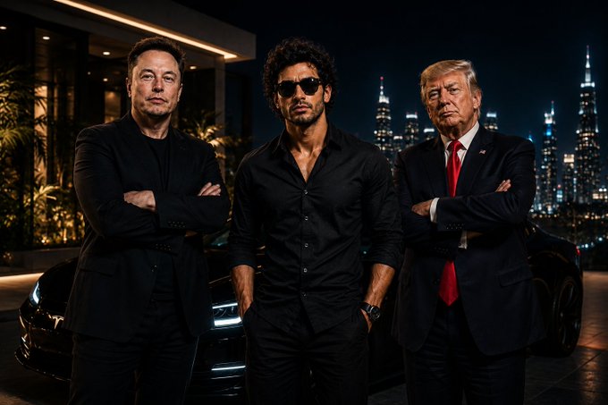 The user wants a concise caption for the image.
I need to identify the people in the image. They appear to be Elon Musk, The Rock (Dwayne Johnson), and Donald Trump.
The setting is a night scene with a city skyline in the background and a car (looks like a Tesla) partially visible.
The prompt asks to include key text, numbers, tickers, or names visible. The only text visible is in the "accompanying post" provided in the prompt, which is unrelated to the visual content itself (it's a caption for a social media post). The image itself doesn't have visible text like signs or logos clearly readable as "text" in the traditional sense, except maybe a faint logo on the car or suit, but it's not legible. Wait, looking closely at the car, it looks like a Tesla Cybertruck or similar, but the front lights are distinct. The prompt says "Include any key text...". Since there