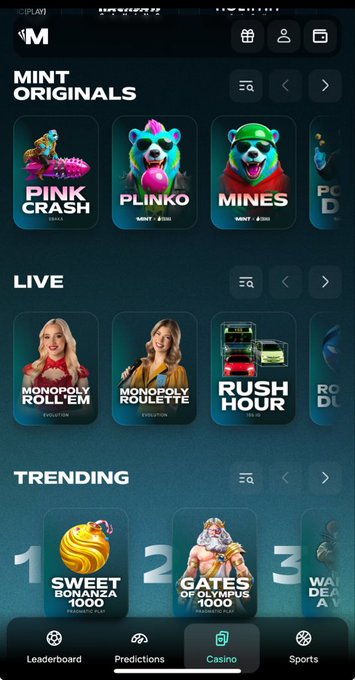 A mobile casino app interface for 'M' showing categories like 'MINT ORIGINALS' (PINK CRASH, PLINKO, MINES), 'LIVE' (Monopoly, Rush Hour), and 'TRENDING' games.