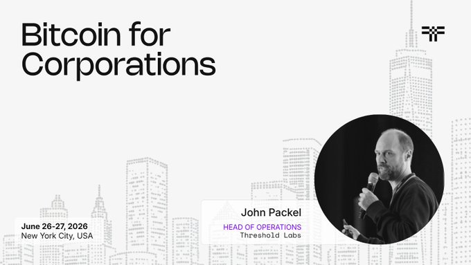 A promotional graphic for the "Bitcoin for Corporations" event held June 26-27, 2026 in New York City, featuring John Packel, Head of Operations at Threshold Labs, speaking into a microphone against a city skyline backdrop. The image visually supports the announcement of his participation in the invitation-only forum focused on corporate Bitcoin infrastructure and adoption.