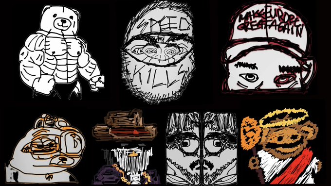 A collection of crude, hand-drawn sketches in black, white, and red featuring various characters including a muscular teddy bear, a mask with 'SHED KILLZ' text, and a figure with 'MAKE EUROPE GREAT AGAIN' written on a hat.