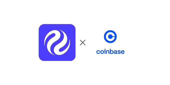 A graphic showing a partnership between two companies, featuring a purple logo with a stylized swirl design next to the blue Coinbase logo with the word 'coinbase'.