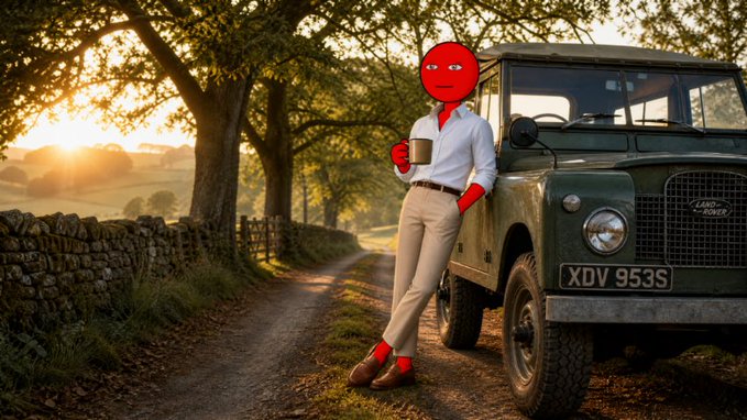A figure in white shirt and khaki pants with a red face and red hands holding a coffee mug, leaning against a Land Rover with license plate 'XDV 953S' in a sunset countryside setting.