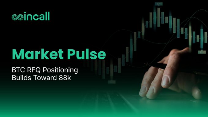 A promotional banner for 'incall' titled 'Market Pulse' with the headline 'BTC RFQ Positioning Builds Toward 88k', featuring a hand on a laptop keyboard with a Bitcoin price candlestick chart graphic.
