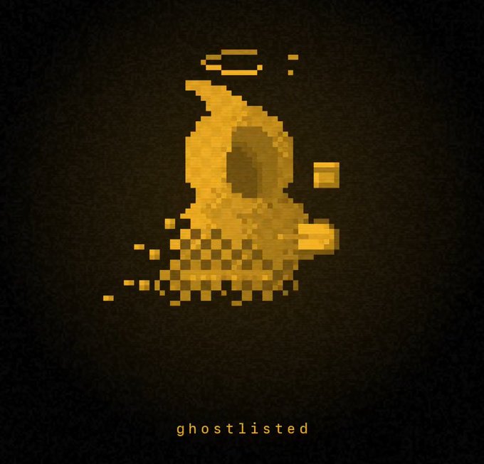 A pixelated golden ghost with a halo disintegrating into scattered blocks appears against a dark background, with the word "ghostlisted" written beneath it, visually reinforcing the post's theme of zkGHOST—an anonymous, privacy-focused crypto project tied to Zcash's zero-knowledge technology.