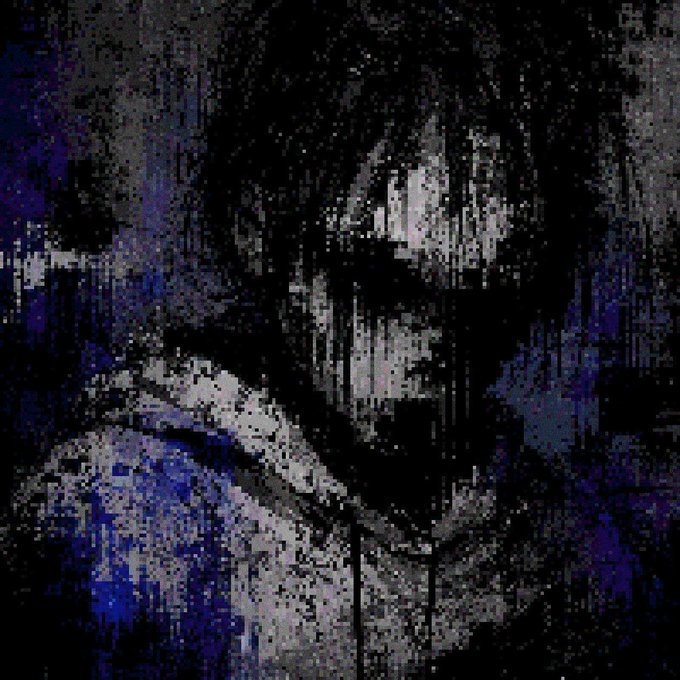 A dark, heavily distorted pixelated image showing what appears to be a figure or face shrouded in digital glitch effects with blue and black tones. The image visually echoes the post's commentary on a "Volatile" token waiting to be pulled down, reflecting the chaotic, downward-streaking glitch aesthetic that mirrors a bearish or unsettled market mood.