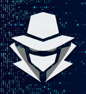 A stylized geometric helmet logo in light gray appears against a dark blue background filled with falling binary code digits.