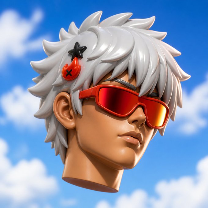A 3D rendered character bust of a young man with spiky white hair, red reflective sunglasses, and small flame/star hair clips set against a blue sky with clouds.