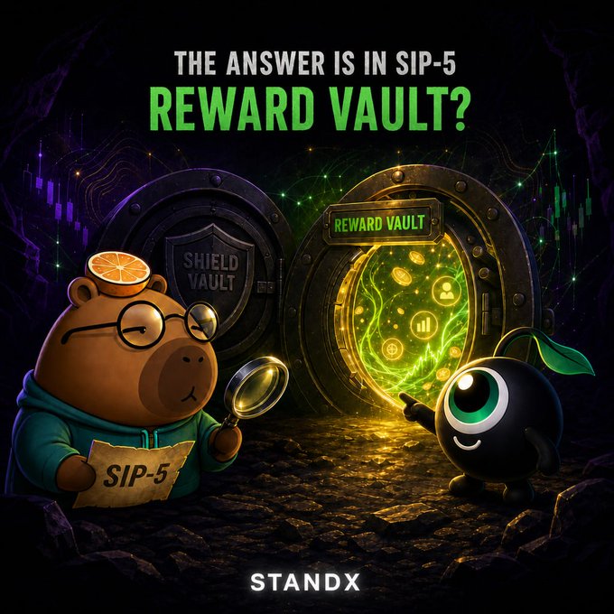 A crypto-themed graphic asks 'THE ANSWER IS IN SIP-5 REWARD VAULT?' and features a bear character wearing a 'SIP-5' badge next to a green eye character, with two vaults labeled 'SHIELD VAULT' and 'REWARD VAULT' in the background, branded with 'STANDX'.
