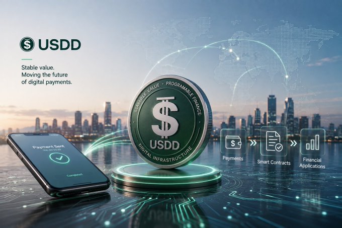 A promotional graphic for USDD stablecoin featuring a large coin with a dollar sign, the tagline 'Stable value. Moving the future of digital payments,' and icons for Payments, Smart Contracts, and Financial Applications, set against a modern cityscape.