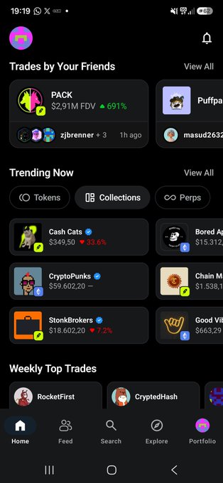 A screenshot of a cryptocurrency/NFT trading app showing sections for "Trades by Your Friends," "Trending Now" (featuring Cash Cats, CryptoPunks, StonkBrokers, and Bored Apes), and "Weekly Top Trades." The image connects to the post about returning to degen trading, though the app shown appears to be a mobile trading platform rather than OpenSea, showcasing trending collections like CryptoPunks ($59,602.20) and Bored Apes alongside gainers and losers in the market.