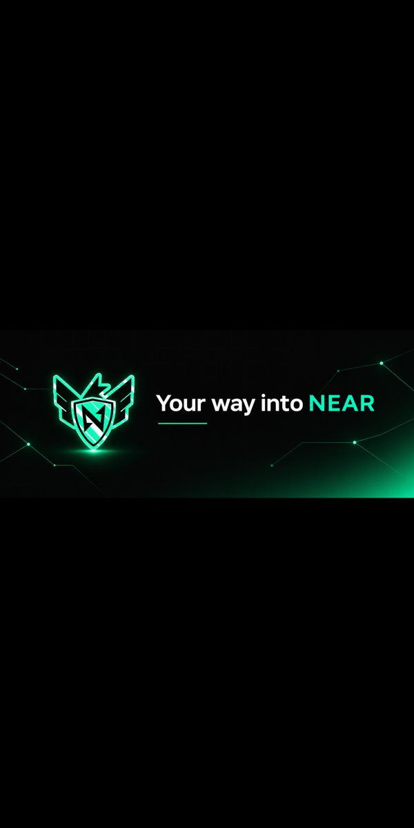 A dark promotional banner with a green neon shield logo and the text "Your way into NEAR" against a circuit-like background.