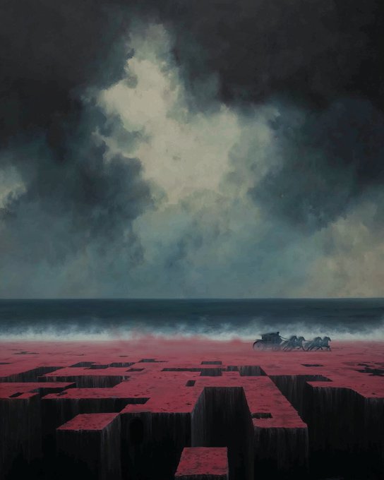 Surreal digital painting showing a horse-drawn carriage on a blood-red cracked plateau beneath a dark, cloudy sky with a dramatic break of light through storm clouds and ocean waves in the distance.