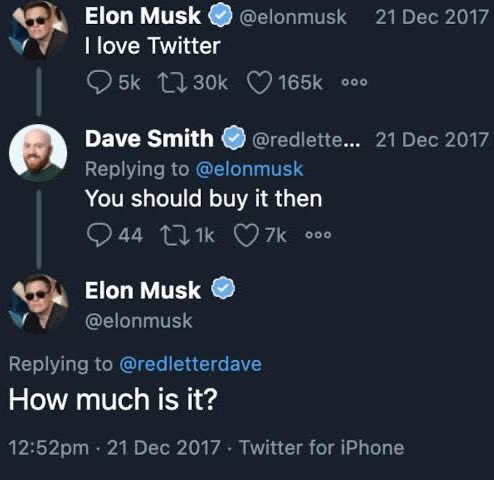 A Twitter exchange from December 21, 2017, shows Elon Musk posting 'I love Twitter,' with Dave Smith replying 'You should buy it then,' and Musk asking 'How much is it?'