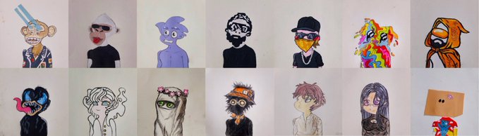 A grid of 14 hand-drawn cartoon character portraits featuring various stylized faces with different hairstyles, expressions, and artistic styles.