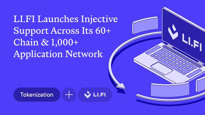 A promotional graphic with a purple background announcing 'LI.FI Launches Injective Support Across Its 60+ Chain & 1,000+ Application Network', featuring an isometric illustration of a laptop displaying the LI.FI logo.