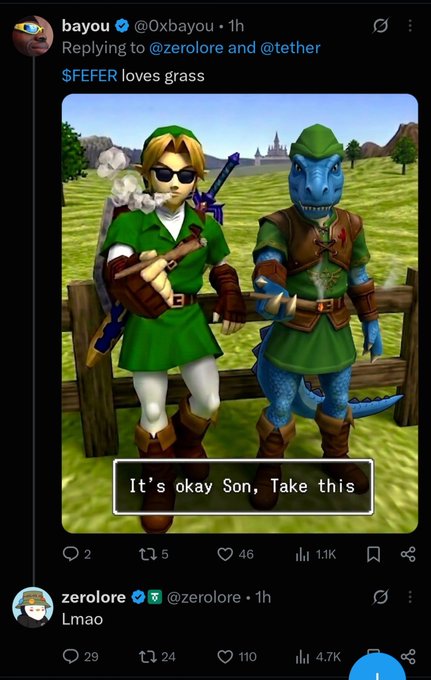 The image is a Twitter screenshot from user "bayou" (@Oxbayou) replying to @zerolore and @tether, featuring a meme with Link and a dinosaur character from a Zelda-style game with the caption "It's okay Son, Take this" and the text "$FEFER loves grass," while zerolore (@zerolore) replies simply "Lmao." The tweet relates to the post's context of highlighting @zerolore's co-founder role at @USDT0_to and his reaction to a $FEFER meme, tying into the mention of @Stable chain performance.