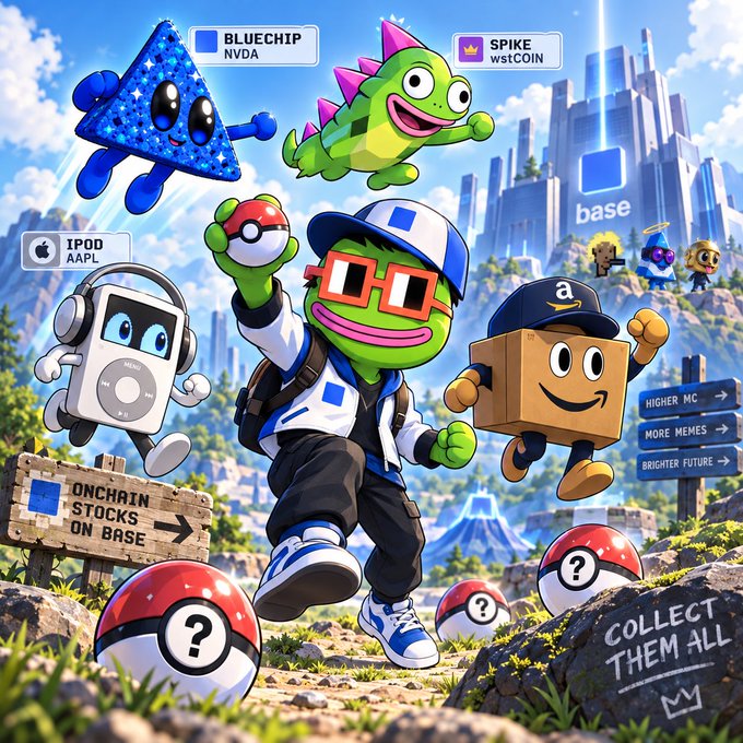 A vibrant, Pokémon-themed illustration shows characters like a green dino ("SPIKE wstCOIN"), a sparkly triangle ("BLUECHIP NVDA"), a smiling iPod labeled "IPOD AAPL," an Amazon box, and a trainer with Pokéballs, holding signs reading "ONCHAIN STOCKS ON BASE," "HIGHER MC," "MORE MEMES," and "BRIGHTER FUTURE," with "COLLECT THEM ALL" scrawled at the bottom. The image humorously conveys the post's message—framing blue-chip stocks and tokens like NVDA, AAPL, wstCOIN, and Base assets as collectible "legendary" picks, suggesting the quant understands these are the real winners in a meme-filled market.