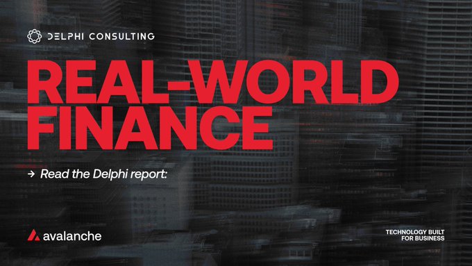 A promotional graphic for 'REAL-WORLD FINANCE' by Delphi Consulting, featuring the Avalanche logo and text 'TECHNOLOGY BUILT FOR BUSINESS' over a dark city skyline background.
