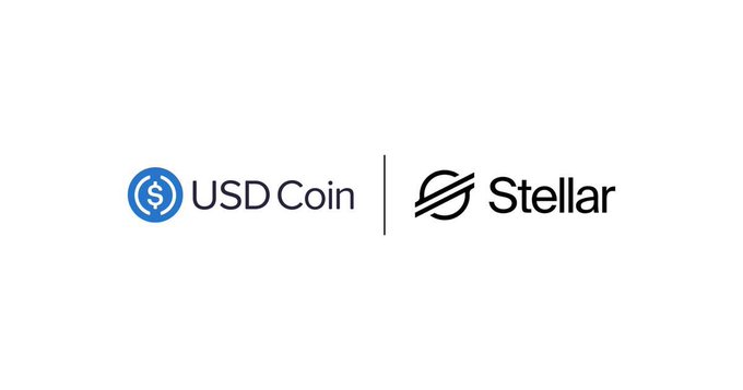 The image displays the logos of "USD Coin" and "Stellar" side by side, separated by a vertical line, representing the integration of USDC on the Stellar blockchain. This visually supports the post's message about earning USDC through content creation on Stellar's network.