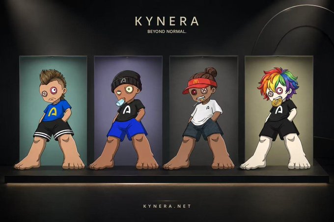 A promotional image for "KYNERA" (kynera.net) displaying four stylized cartoon character figures in athletic wear, with the tagline "BEYOND NORMAL."