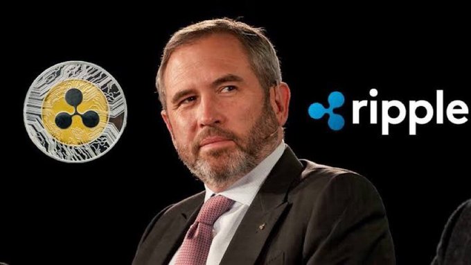 Composite image featuring Brad Garlinghouse (Ripple CEO) in the center, flanked by a physical XRP cryptocurrency coin on the left and the Ripple logo on the right.