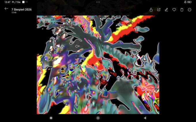 A screenshot from a tablet (PLT 7 Sie) displaying a chaotic, abstract colorful digital artwork with swirling red, yellow, blue, and black patterns resembling a liquid or psychedelic composition.