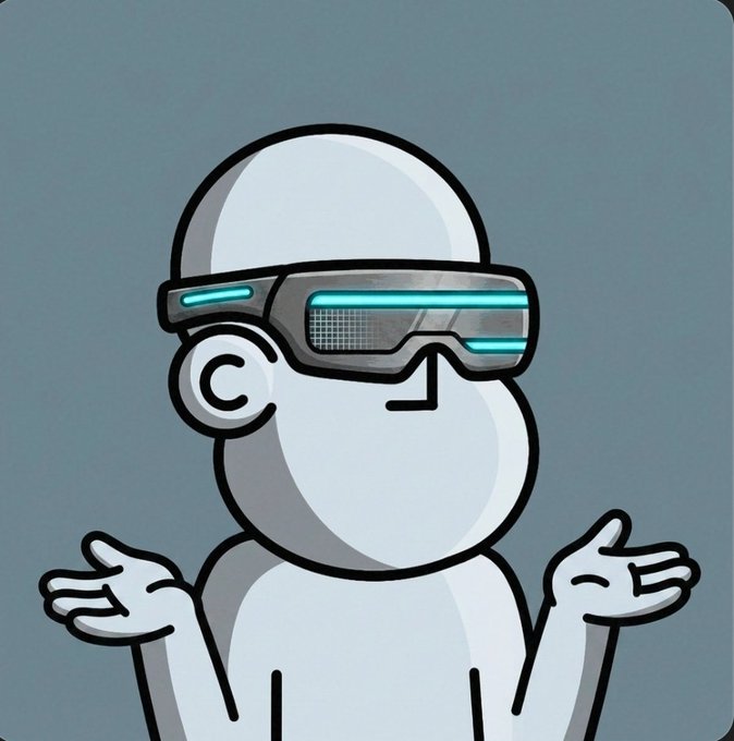 A cartoon illustration of a white humanoid figure wearing futuristic digital goggles with glowing cyan accents, gesturing with open palms.