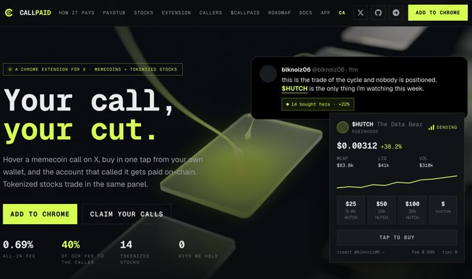 Website screenshot for CALLPAID, a Chrome extension for X, memecoins, and tokenized stocks, with the tagline 'Your call, your cut' and showing a trading interface for $HUTCH tokens.