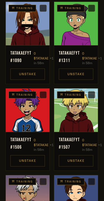 A mobile app interface displays a grid of anime-style character cards marked 'TRAINING' with the username 'TATAKAEFYT', including card numbers #1090, #1311, #1506, and #1507, each showing 'TATAKAE +1 in 58m' and an 'UNSTAKE' button.