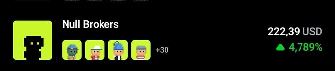 The image shows a collection titled "Null Brokers" with pixel-art characters, displaying a value of 222.39 USD and a green upward gain of 4,789%. This aligns with the post celebrating a massive 10x return (4,789% increase) on the "Null Brokers" NFT collection after buying it just 7 hours ago at 0.0004 ETH each.