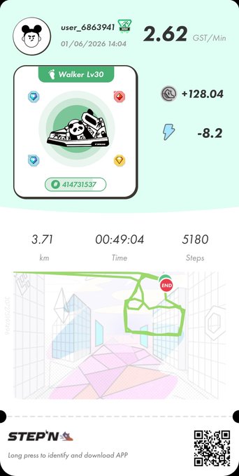 The image shows a screenshot of an app called "StepN" that tracks physical activity, such as walking or running. The app displays information about the user's progress, including their distance traveled, steps taken, and calories burned. It also provides a map for users to follow along with their route during exercise.