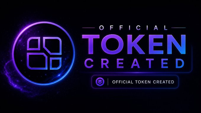 A promotional graphic with a neon purple and blue color scheme announcing 'OFFICIAL TOKEN CREATED' next to a geometric logo, with a tag below reading 'OFFICIAL TOKEN CREATED.'
