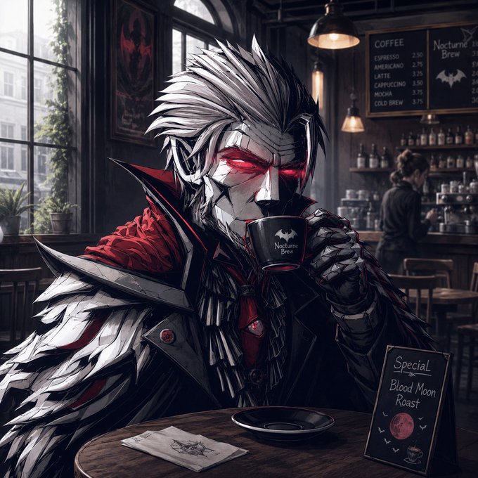 A vampire-like character with white hair and glowing red eyes drinks from a 'Nocturne Brew' coffee cup in a gothic cafe, with a 'Special Blood Moon Roast' sign on the table.