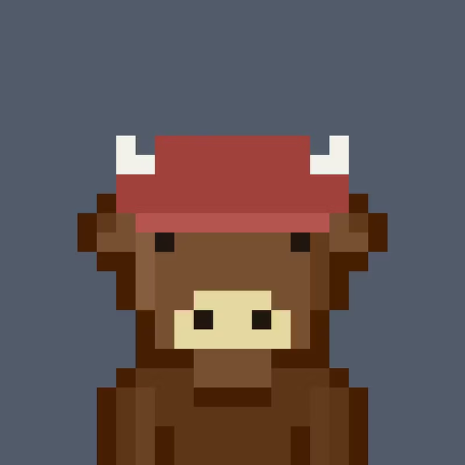 A pixel art image of a brown bull or cow character wearing a red bandana or hat, set against a solid dark blue background.
