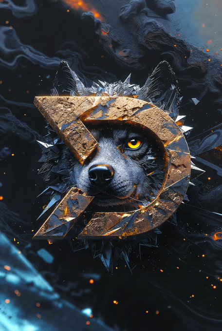 A dramatic digital artwork featuring a wolf's face emerging from within a metallic gold 'D' letter, surrounded by sharp crystal spikes and glowing orange embers against a dark background.
