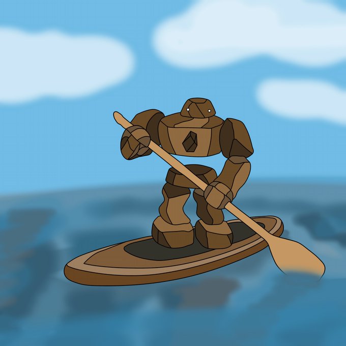 A stone golem figure stands on a paddleboard, gripping an oar as it glides across blue waters beneath a cloudy sky, illustrating the post's playful reference to "Rocky" journeying to the "island of neobanks and privacy" at @SeismicSys.