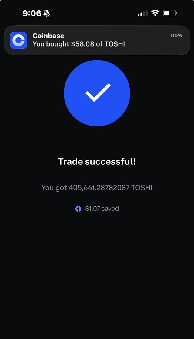 The image shows a close-up view of a phone screen displaying a trading app called Coinbase, which allows users to trade virtual coins for cash. The app also features a check that has been successfully sent using Bitcoin Cash. The screen captures this moment as a customer's money is being transferred into their account. The text on the screen reads "Trade success! You got $4,6,746,857TOSHI". This indicates that the user has gained a significant amount of virtual currency from trading with Bitcoin Cash and wants to share it with others.