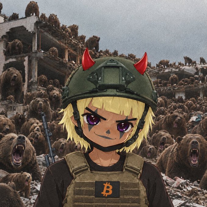An anime-style illustration of a blonde character wearing a green military helmet with red devil horns and a tactical vest featuring a Bitcoin (₿) symbol, set against a post-apocalyptic background filled with aggressive brown bears.