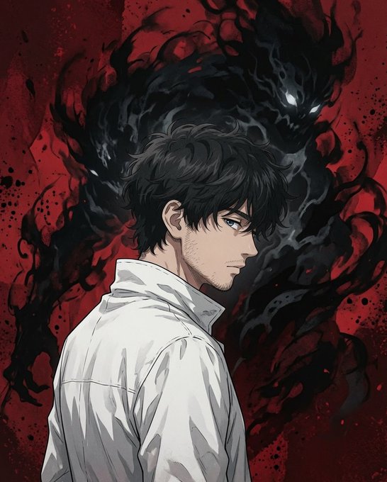 A dark-haired anime man in a white shirt stands in profile, with ominous shadowy figures with glowing eyes looming behind him against a blood-red background. The imagery visually represents the hidden threats to digital privacy, echoing the post's concern about unseen data surveillance lurking behind our everyday online activity.