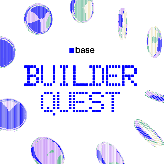 A pixel-art style graphic displays the text "base BUILDER QUEST" in blue, surrounded by rotating 3D spheres in blue, white, pink, and green. The image serves as promotional artwork for a Base Builder Quest competition, highlighting a $5,000 prize pool with only 48 hours remaining to submit projects.
